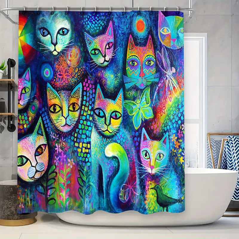 Home Decor Bathroom Ideas - 고양이 샤워 커튼 예술적 동물 애호가