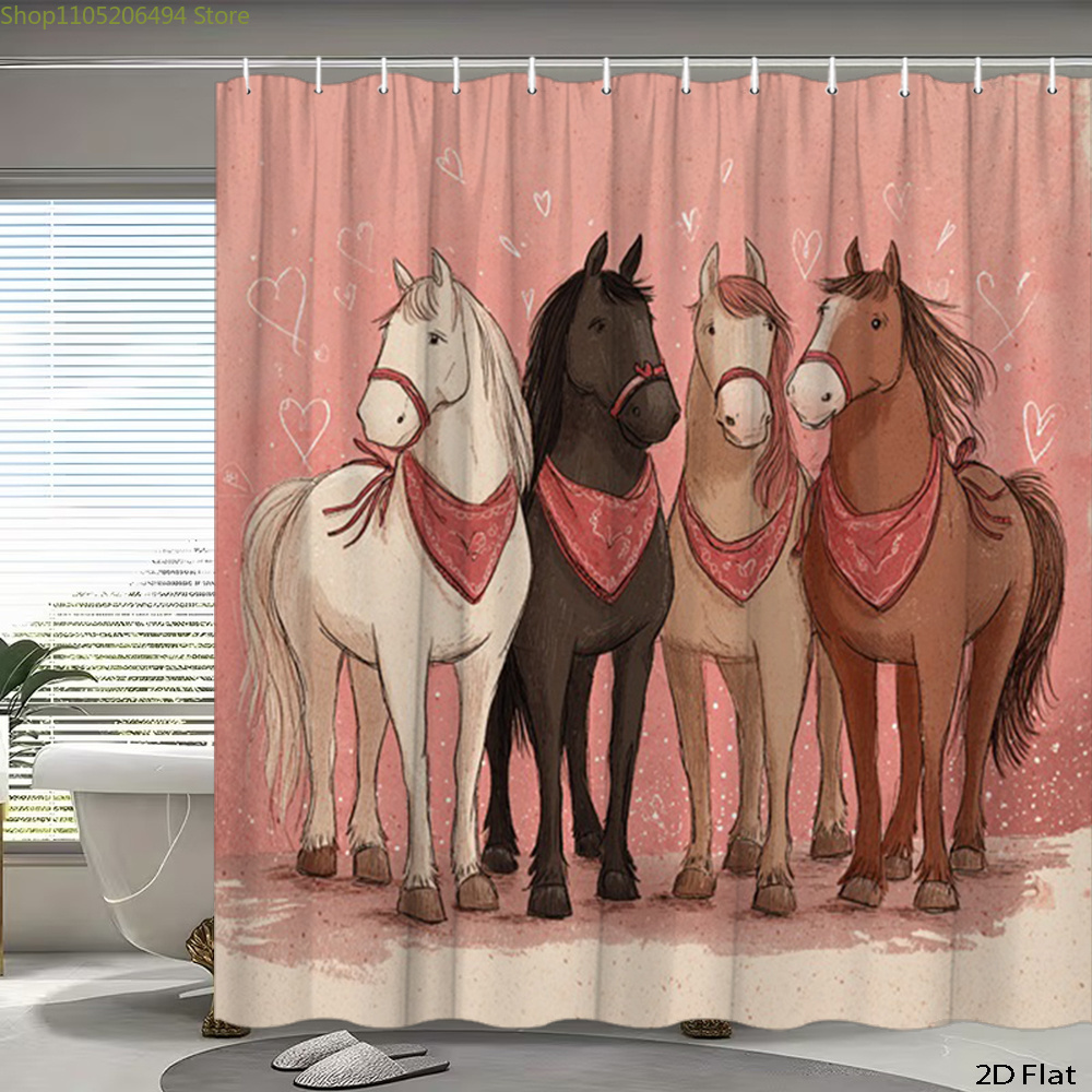 Home Decor Bathroom Ideas - 귀여운 말 샤워 커튼, 만화 동물