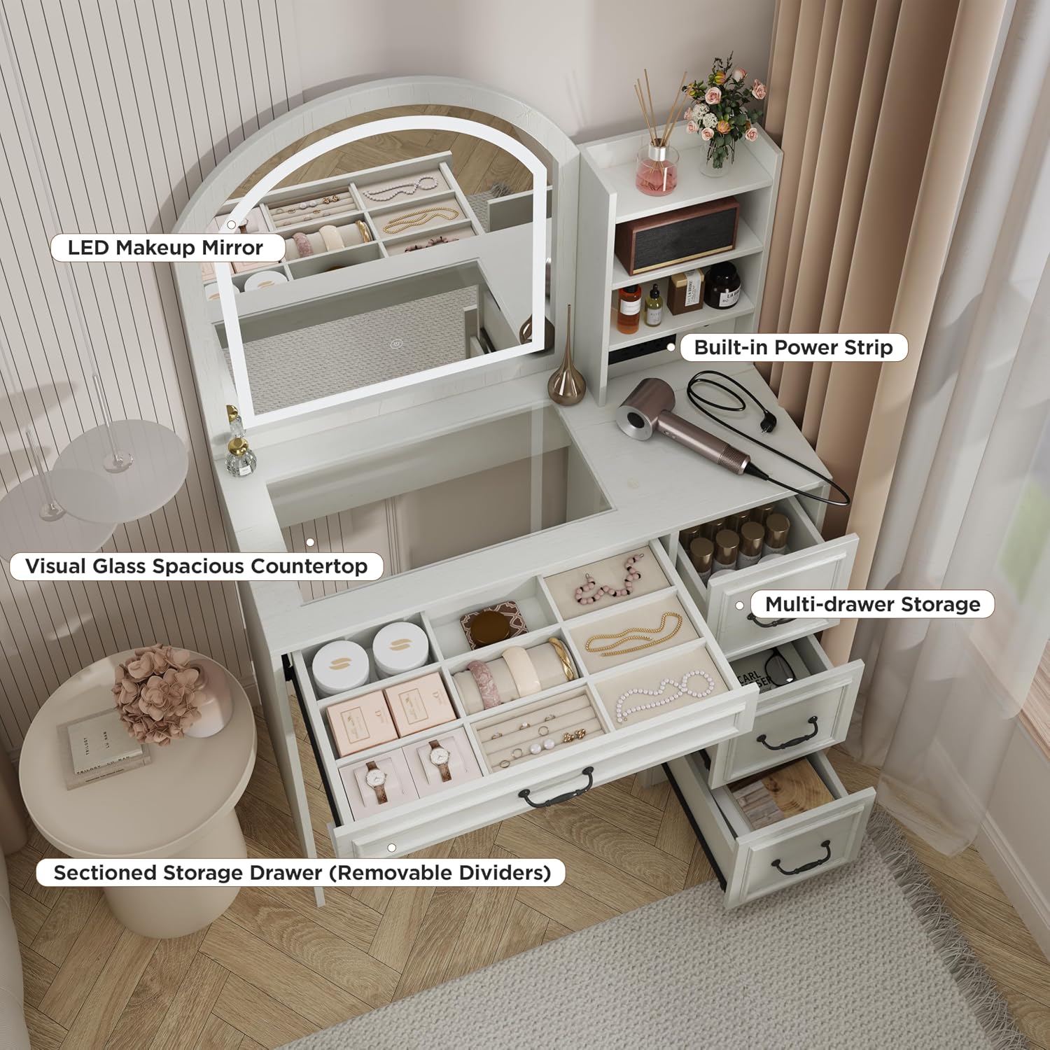 현대적인 화장대(조명 거울, 유리 상판, 4개의 서랍  - Home Outlet Bathroom Mirrors 리뷰 및 가격
