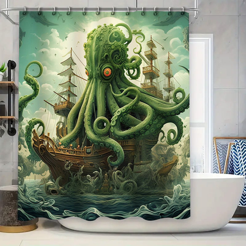 문어 선박 샤워 커튼 초현실적 인 해양 장식 녹색 파란 - Home Decor Bathroom Ideas 리뷰 및 가격