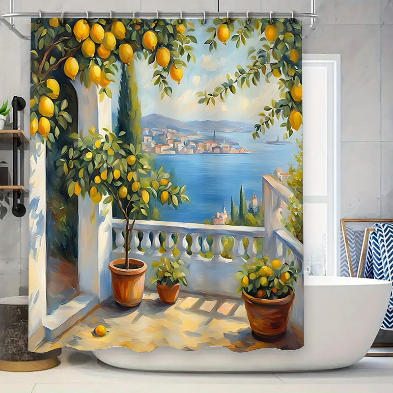 지중해 레몬 가든 샤워 커튼, 해안 빌라 뷰 디자인,  - Home Decor Bathroom Ideas 리뷰 및 가격