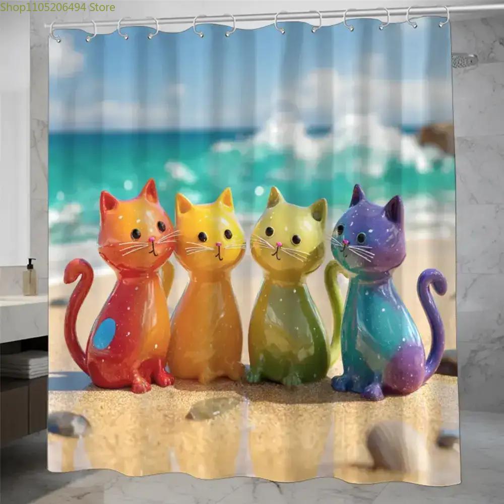 화려한 무지개 고양이 샤워 커튼 해변에서의 귀여운 만화 - Home Decor Bathroom Ideas 리뷰 및 가격
