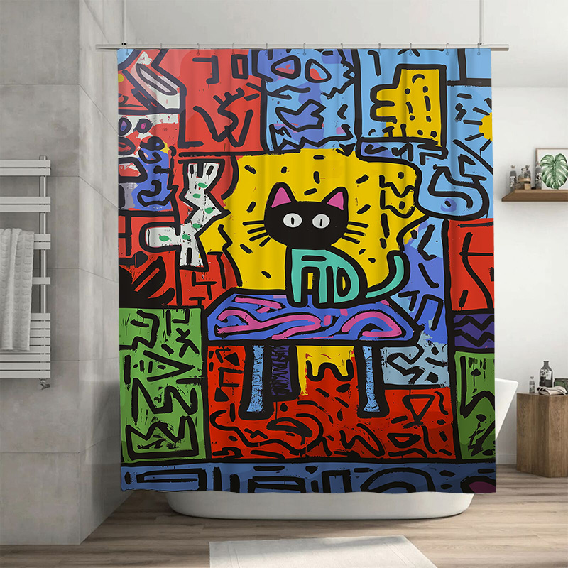 추상 고양이 디자인을 특징으로 하는 밝은 색상의 낙서  - Home Bathroom Remodel 리뷰 및 가격