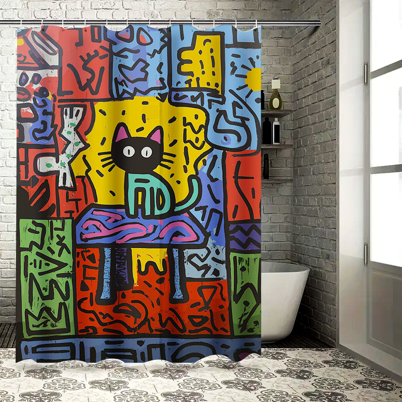 추상 고양이 디자인을 특징으로 하는 밝은 색상의 낙서  - Home Bathroom Remodel 리뷰 및 가격