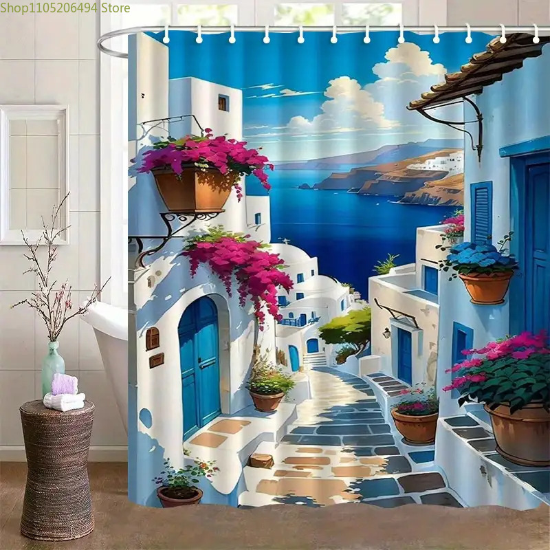 산토리니 그리스 섬 샤워 커튼 블루 화이트 마을 바다  - Home Decor Bathroom Ideas 리뷰 및 가격